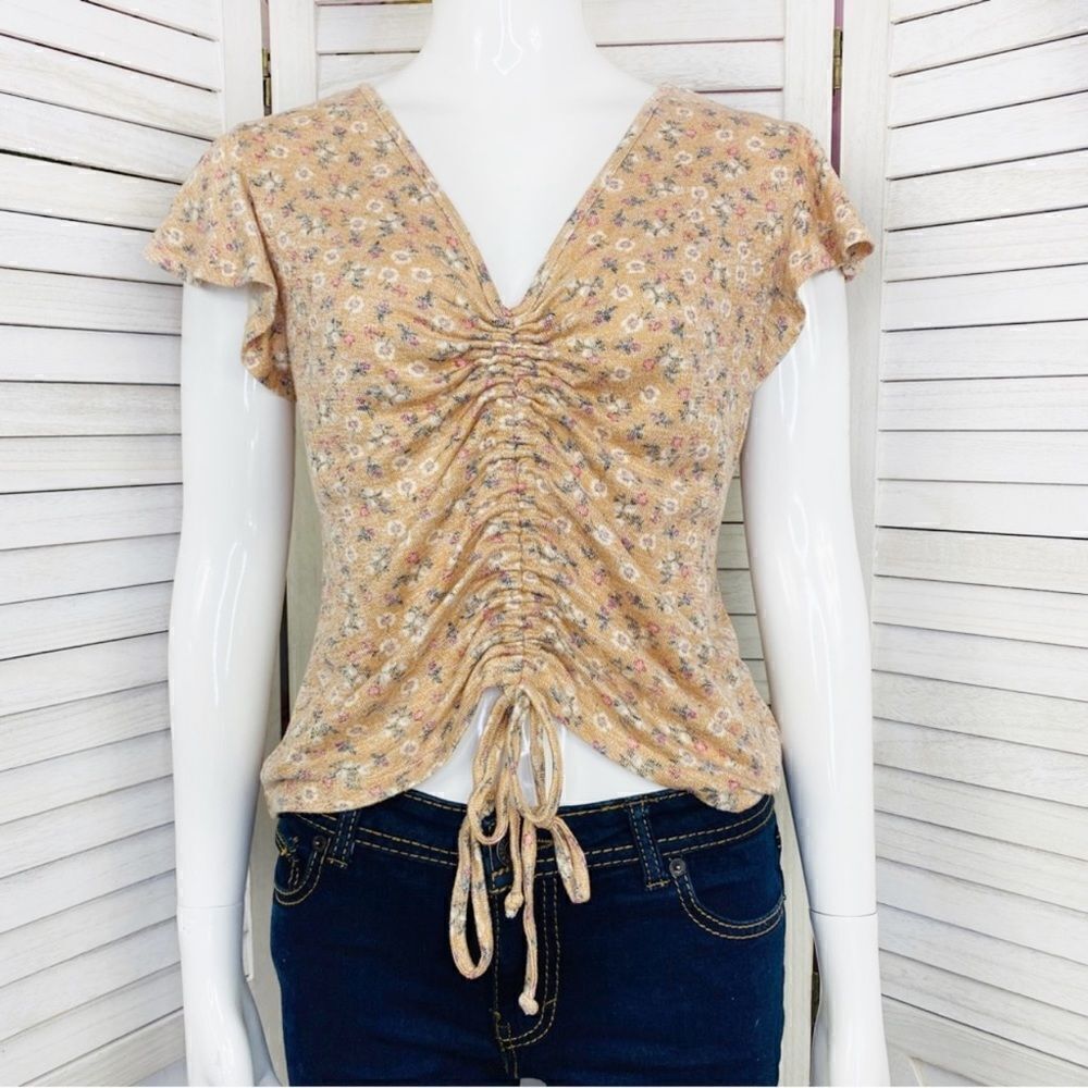 Y2K Cottagecore Floral Flutter Cap Sleeve‎ Adjustable Length Knit Shirt Peach L